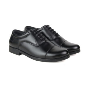 XHUGOY MEDIUM LEATHER RANGE POLICE OXFORD SHOE FOR MEN IN BLACK N TAN (RED) COLOUR