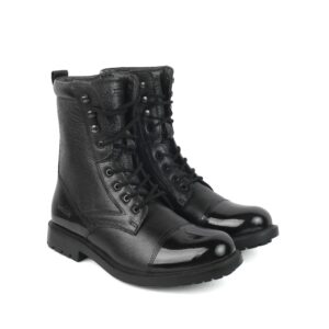 XHUGOY AR-2 Black Patent Toe Genuine leather Military Men's Combat Boots -High Ankle - High Top Lace